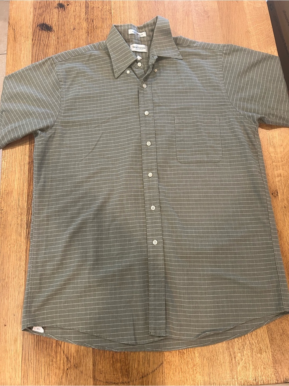 Van Heusen Olive Green Short-Sleeve Button-Down Shirt with White Pinstripes